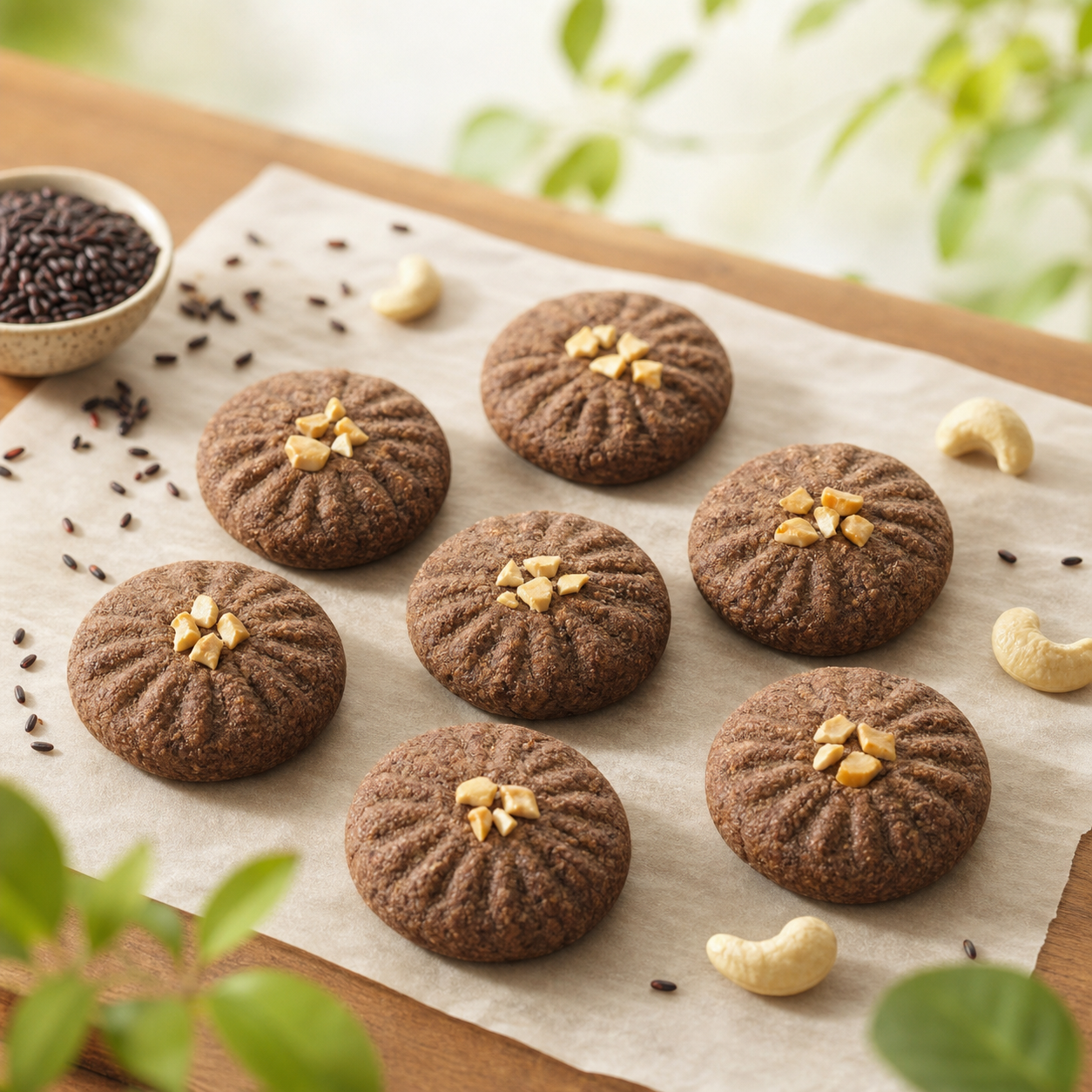 Karuppu Kavuni Cookies topped with cashews