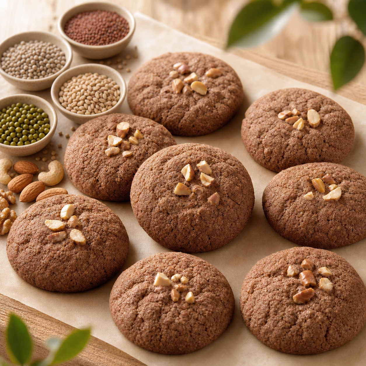 Freshly baked Multi Millet Cookies topped with chopped nuts